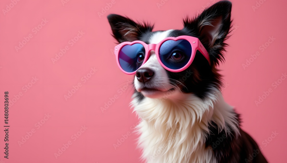 a side profile, full body portrait of an endearingly cute border collie, its sleek fur catching an energetic stormy flash, framed against a soft pink backdrop, the dog sports oversized a side profile, full body portrait of an endearingly cute border collie, its sleek fur catching an energetic stormy flash, framed against a soft pink backdrop, the dog sports oversized