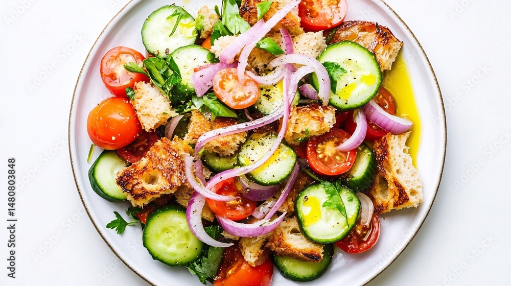 Top down view of Panzanella salad chunk of ripe tomato cucumber red onion stale bread drizzled olive oil vinegar served white ceramic plate over white background Classic Tuscan summer dish Italy cut Top down view of Panzanella salad chunk of ripe tomato cucumber red onion stale bread drizzled olive oil vinegar served white ceramic plate over white background Classic Tuscan summer dish Italy cut