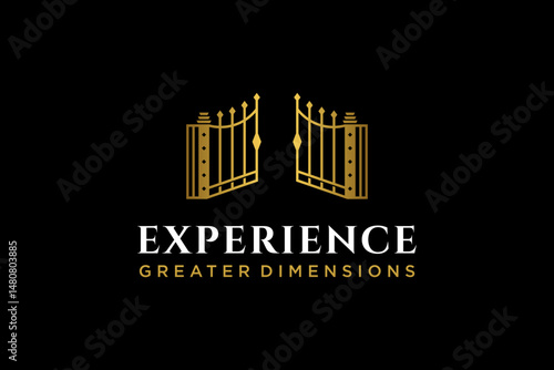 Luxury gate elegant line art logo design vector illustration with residence roof shape and antique artistic gate.