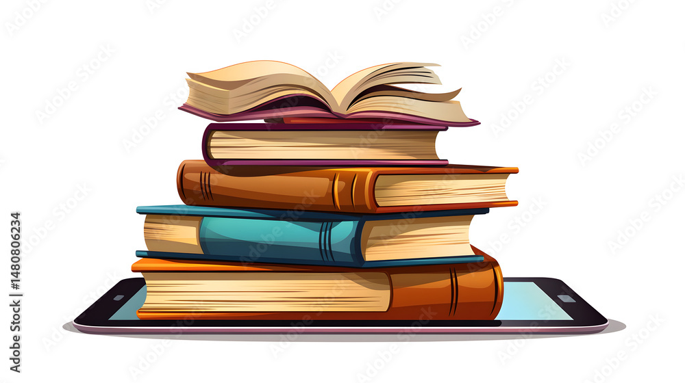 Fototapeta premium Educational Tablet and Books Design Cartoon Vector Illustration for Learning Kids