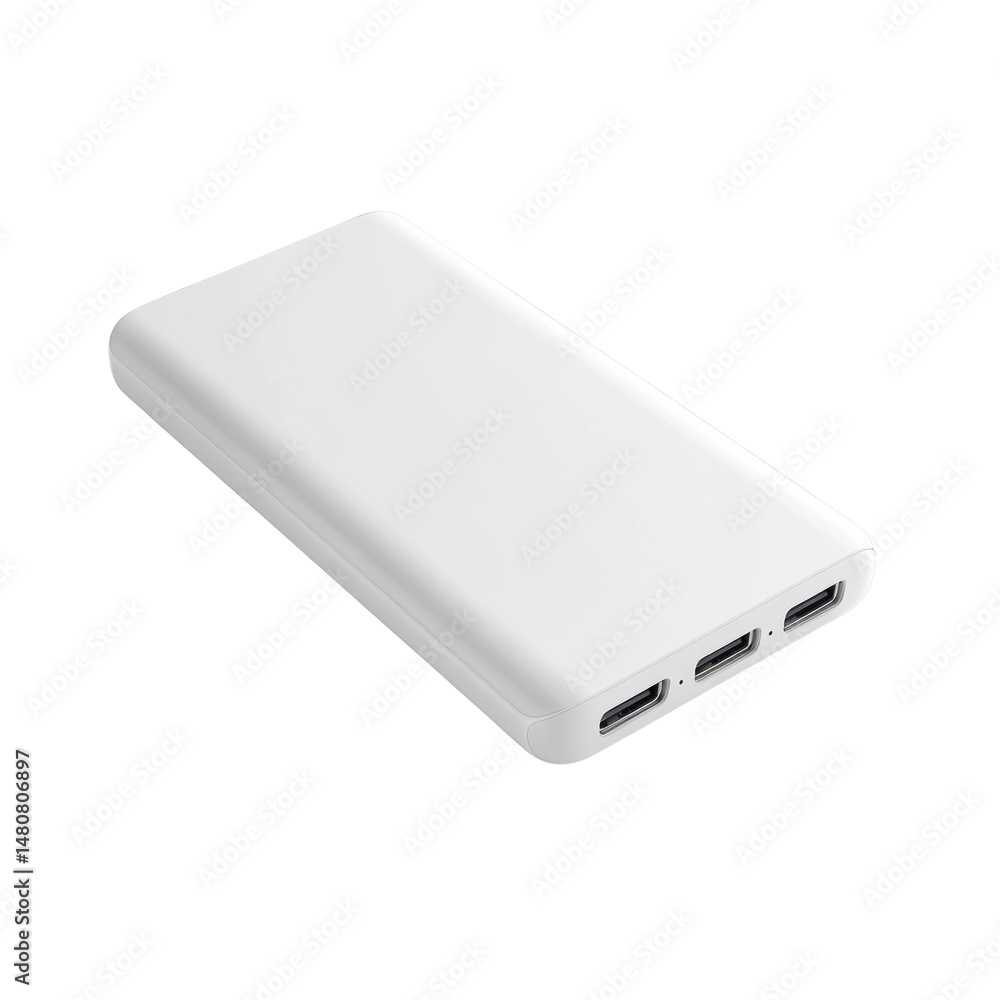 White Portable Power Bank with Multiple USB-C Ports for Charging Devices on the Go on transparent background White Portable Power Bank with Multiple USB-C Ports for Charging Devices on the Go on transparent background
