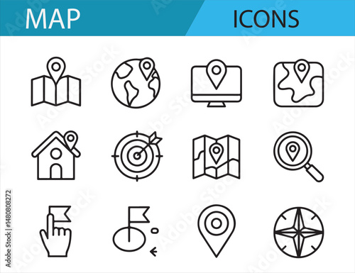 Set of Simple Location Markers, Route Icons, and World Map Symbols
