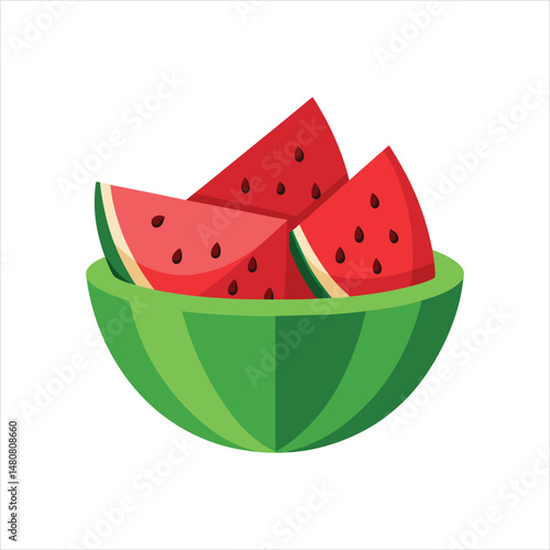  Fresh Chopped Watermelon Slices in Bowl Vector Art Illustration
