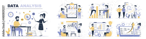 Data analysis concept set in flat web design. Collection with people make marketing research with forecast report, work with charts and graphs. Flat vector illustration isolated on white background.