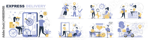 Express delivery concept set in flat web design. Collection with people tracking online order shipping, courier delivering packages to clients. Flat vector illustration isolated on white background.
