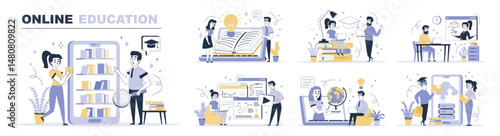 Online education concept set in flat web design. Collection with people learning distant at educational platform, read books at digital library. Flat vector illustration isolated on white background.