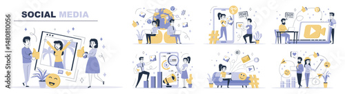 Social media concept set in flat web design. Collection with people make ne posts with photo or video content, likes, sharing links with friends. Flat vector illustration isolated on white background.