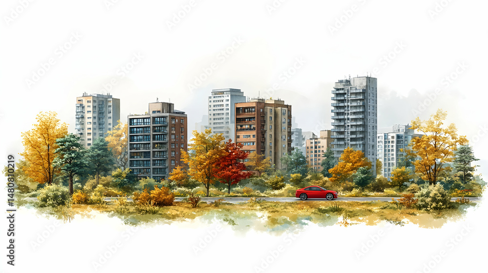 Obraz premium Autumnal cityscape with residential high-rises, trees in vibrant fall foliage, and a red car driving along a road
