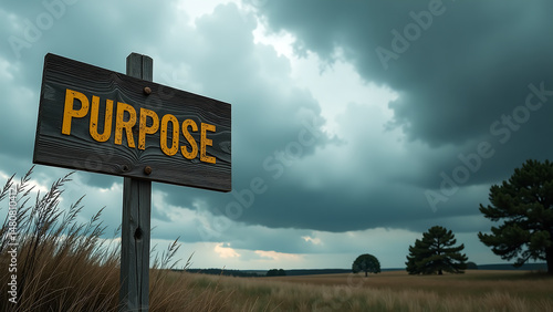 distressed wooden sign bold golden letters reads turbulent sky dark clouds trees