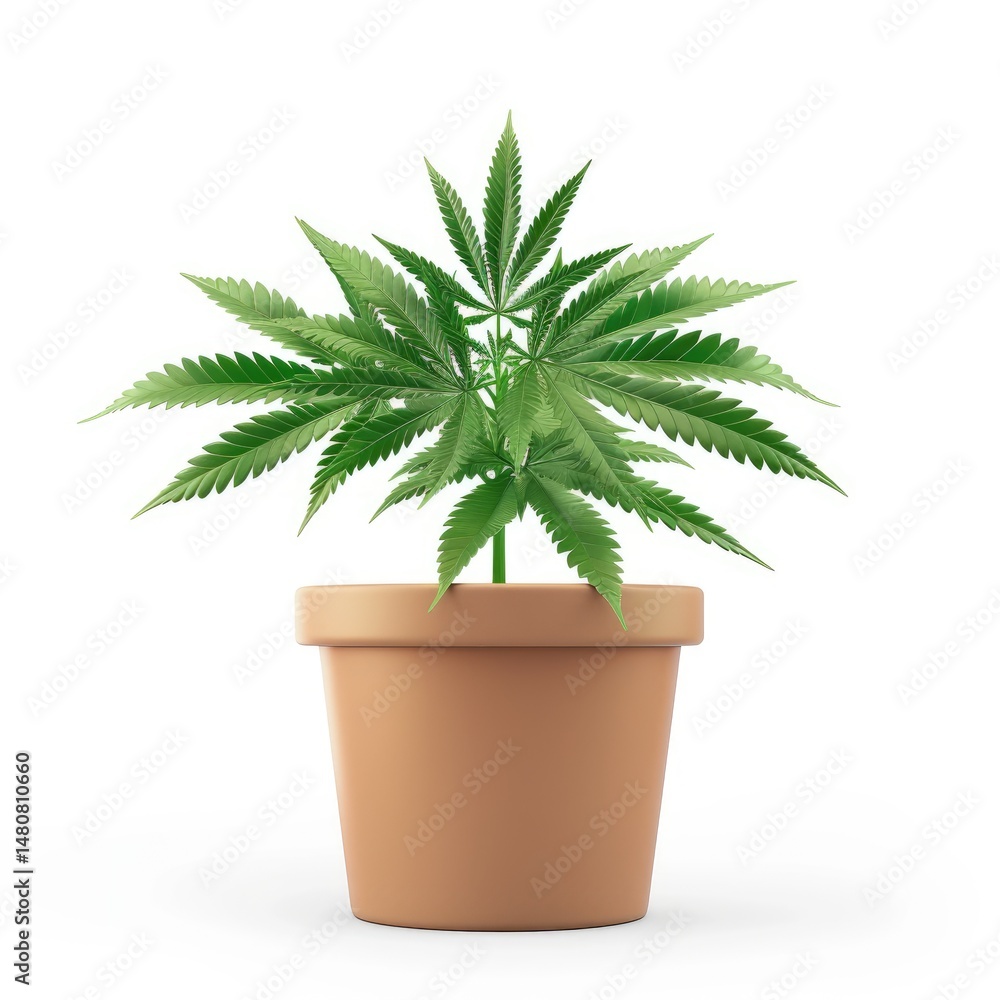 Fototapeta premium Potted cannabis plant, vibrant green foliage.