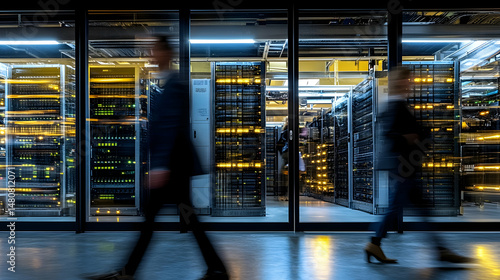 Motion-blurred figures walk past a modern data center's glowing server racks viewed through glass doors