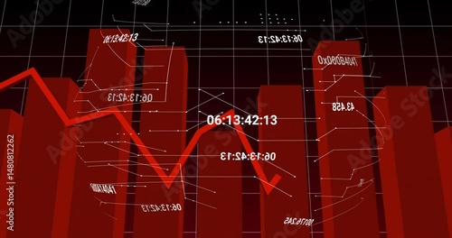 Red zigzag line graph being animated on dark grid, showing fluctuating values with 3D bar columns