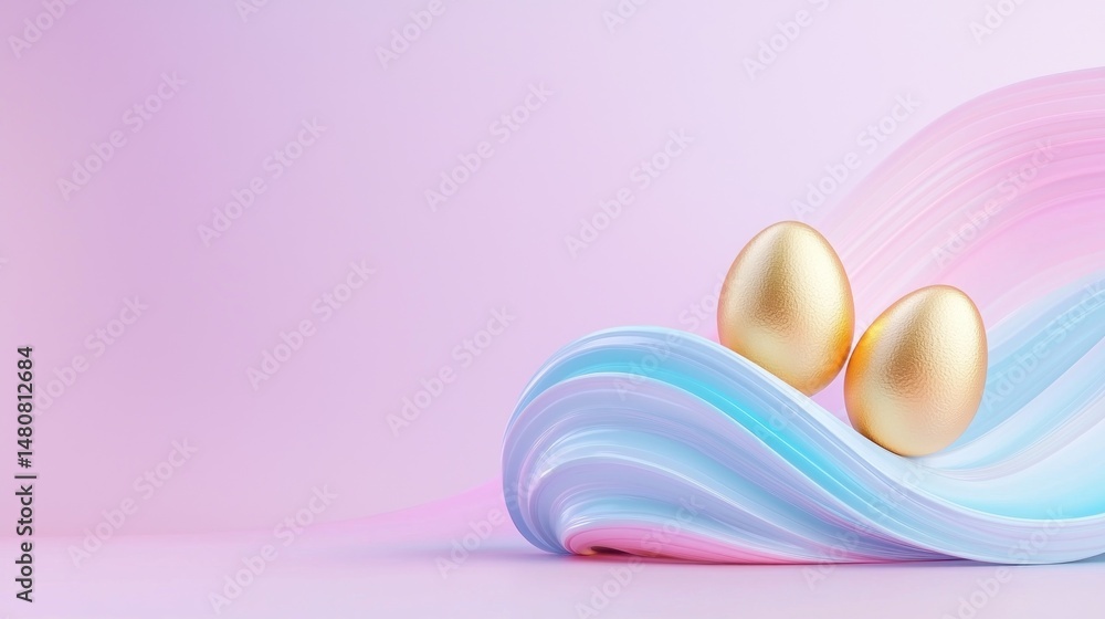 Two shiny golden easter eggs resting on pastel waves Two shiny golden easter eggs resting on pastel waves