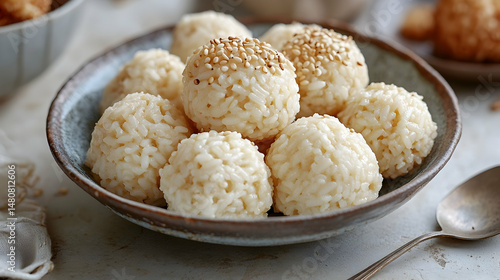 Sweet rice balls, delicately formed and sprinkled with sesame seeds, rest in a rustic bowl