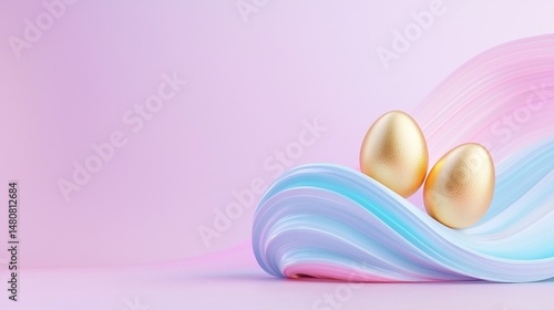 Two shiny golden easter eggs resting on pastel waves