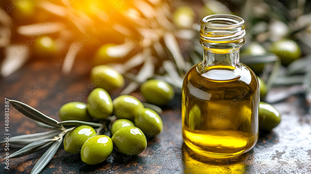 Golden olive oil in a small glass bottle, nestled amongst fresh green olives on a rustic surface Golden olive oil in a small glass bottle, nestled amongst fresh green olives on a rustic surface