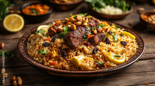 Traditional Saudi Arabian Kabsa, long-grain rice infused with saffron and spices served on a rustic wooden table, Arabian dining