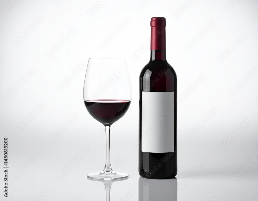 Elegante Botella y Copa de Vino Chileno sobre fondo blanco Elegante Botella y Copa de Vino Chileno sobre fondo blanco