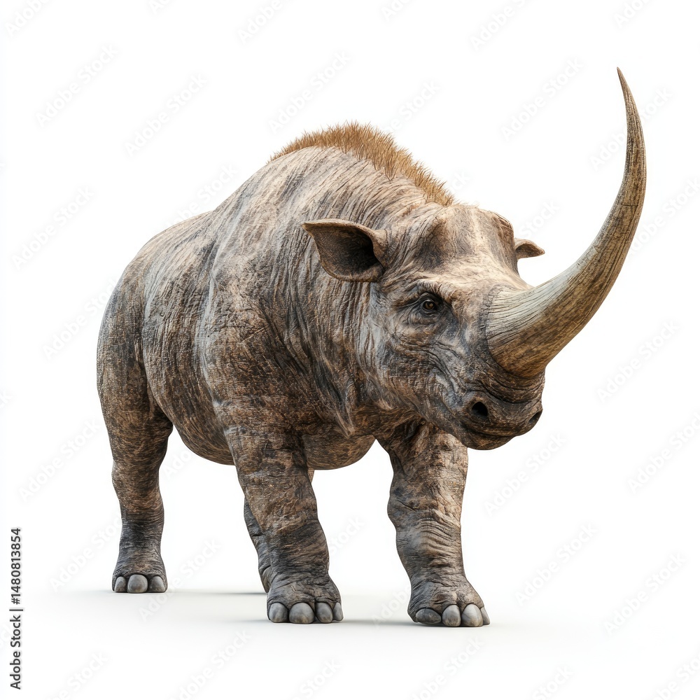 Fototapeta premium A prehistoric rhinoceros stands posed against a white backdrop.