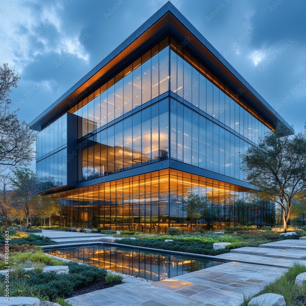 Obraz premium Modern Glass Office Building with Reflective Windows at Dusk