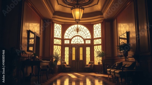 Art deco house interior. the warm, golden light creates a soft, luxurious atmosphere.  the image is with soft contrast and saturation, in an editorial style