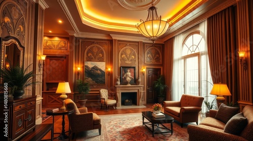 Art deco house interior.  warm golden hour light creates a soft glow.  image, editorial style.  focus on charming details and architectural elements. no people