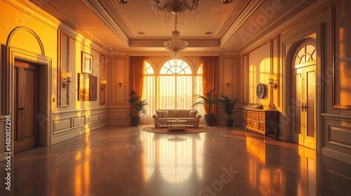 Professional photography of an art deco house interior, bathed in the warm glow of golden hour.  empty space, luxurious and charming, soft light, soft contrast, soft saturation, high-quality image