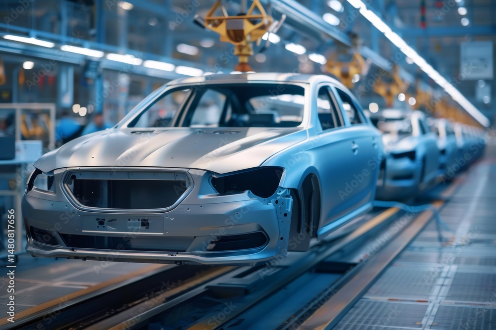 Robotic arm lifting car body in modern automotive factory Robotic arm lifting car body in modern automotive factory