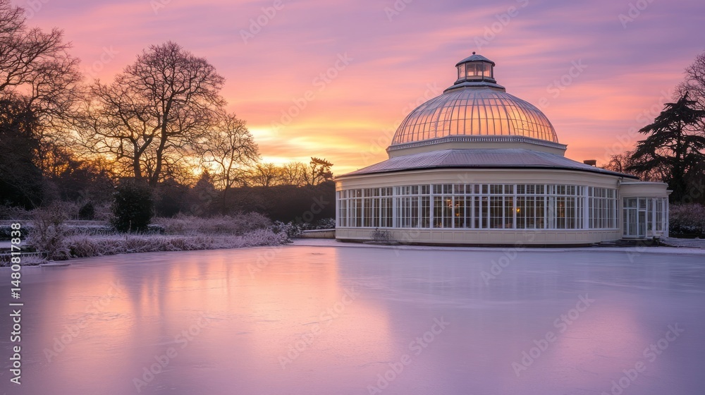 Obraz premium Glasshouse sunrise reflection on frozen pond winter landscape architecture