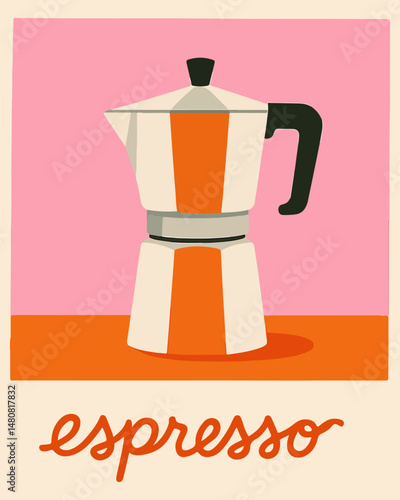 Moka pot espresso maker in retro style coffee poster in warm orange and pink tones. Perfect for kitchen decor, cafe, menus, coffee shop branding or espresso themed designs