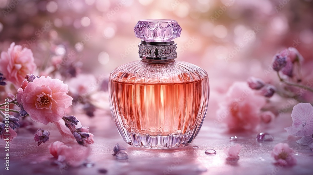 Delicate perfume bottle surrounded by pink flowers Delicate perfume bottle surrounded by pink flowers