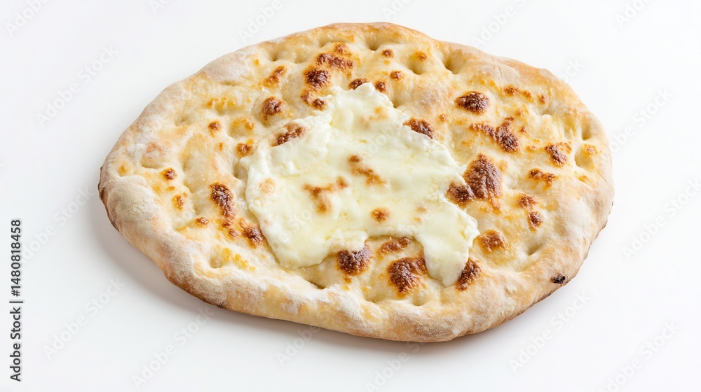 Top down view of thin cheesy Focaccia di Recco golden crisp crust melted stracchino cheese oozing out served plain white background Traditional flatbread Liguria Italy cut out isolated transparent Top down view of thin cheesy Focaccia di Recco golden crisp crust melted stracchino cheese oozing out served plain white background Traditional flatbread Liguria Italy cut out isolated transparent