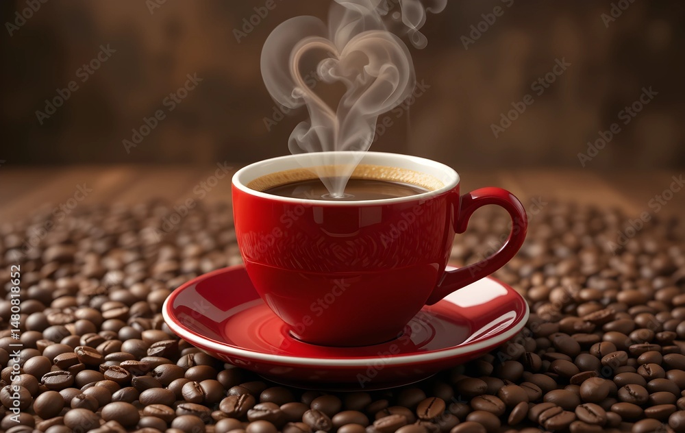 Fototapeta premium A Glossy Red And Black Coffee Cup With Swirling Design Accompanied By Sleek Spoon Showcasing Latte Art Pattern On Top