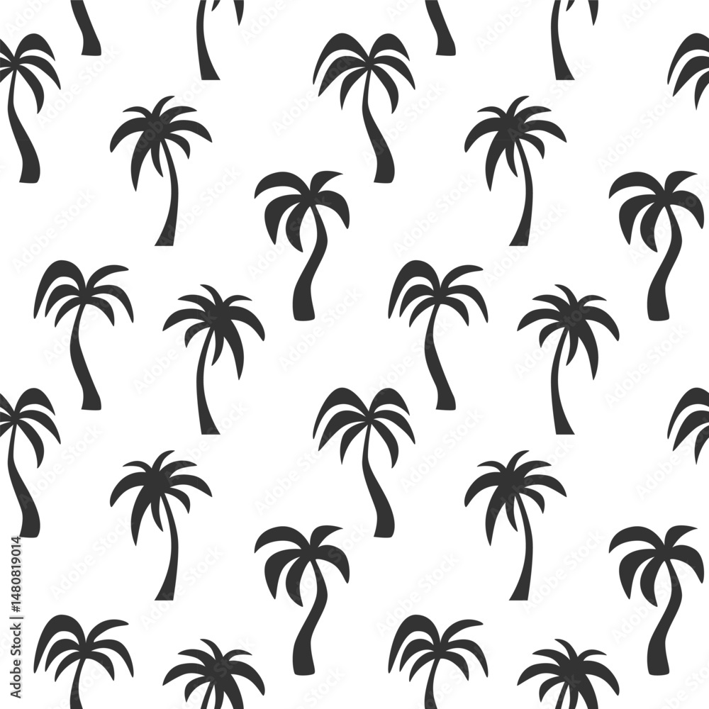 Fototapeta premium Black palm tree silhouettes seamless pattern. Minimalist simple doodle drawn tropical palms background. Perfect for summer travel design, exotic beach themes, vacation prints, packaging, textile