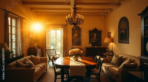 Professional photography, fine art aesthetic. warm golden hour light bathes a radiant and luxurious provençal house interior. image is soft, slightly dark, and features warm tones. 