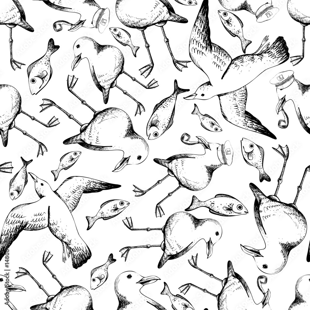 custom made wallpaper toronto digitalSea gulls. flying, standing in a captain s cap and smoking a pipe. Watercolor illustration. Seamless pattern. For decoration of children s wallpaper, fabrics. textiles, clothing, prints, paper