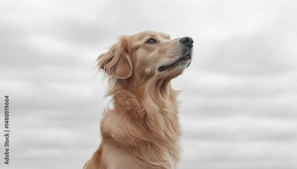 Golden Retriever gazing upward. Fluffy dog against overcast sky Golden Retriever gazing upward. Fluffy dog against overcast sky