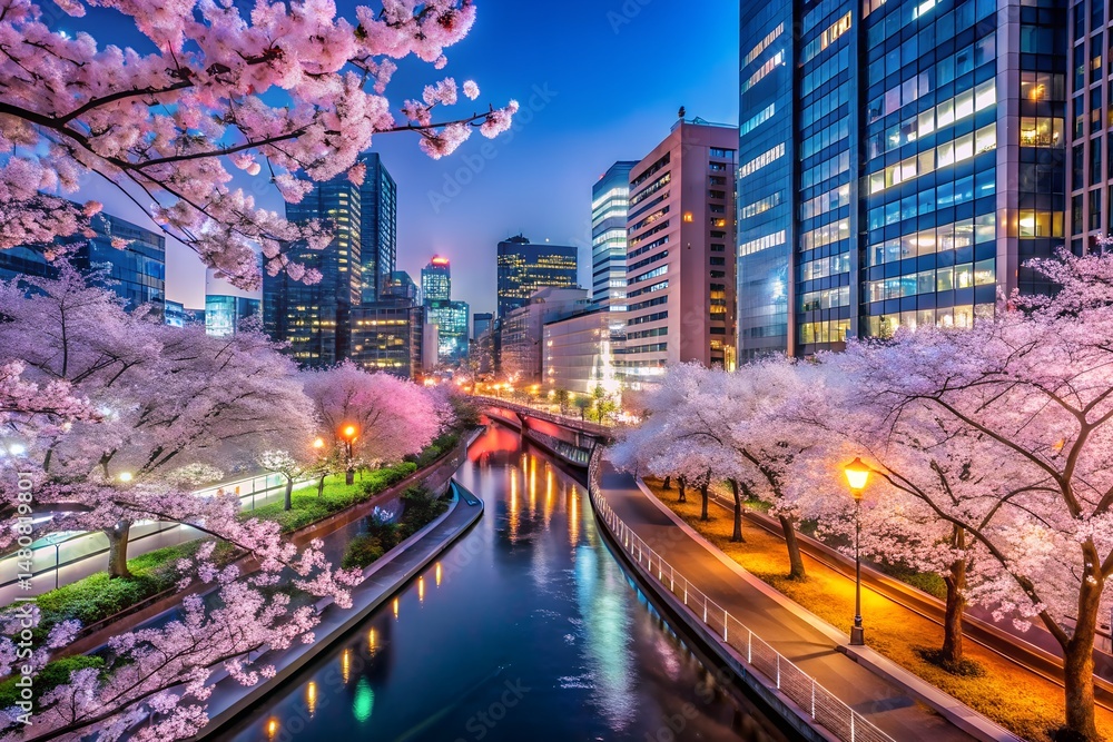 Fototapeta premium A tranquil canal scene at night, lined with cherry blossom trees in full bloom, reflects the illuminated cityscape in its calm waters.