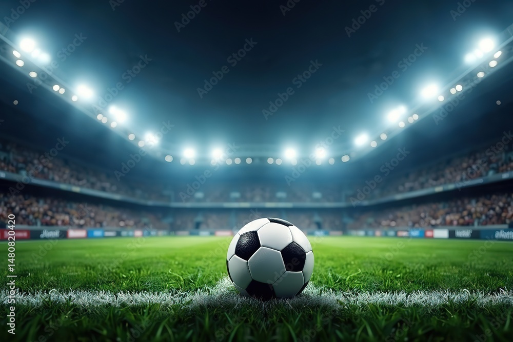 Fototapeta premium A soccer ball on the white line of a green pitch in a large stadium at night, with bright lights and spectators. Perfect for sports event marketing, stadium - themed visuals, and football - related