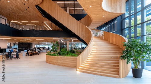 Contemporary office space features a wooden staircase and open floorplan