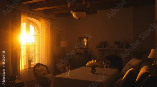 Professional, photograph. luxurious provencal house interior bathed in warm.  soft, slightly dark tones.  adorable and charming aesthetic, high-quality image, soft contrast and saturation. 