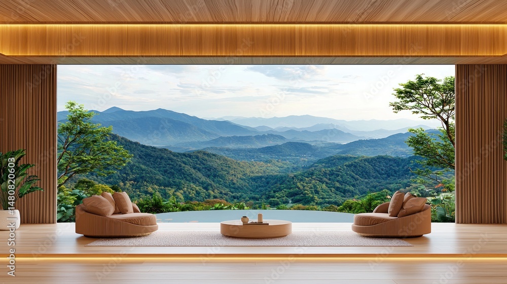Obraz premium Interior living room offers breathtaking view of mountain landscape