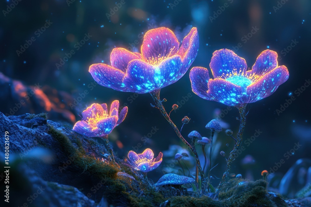 Naklejka premium Glow-in-the-dark flowers in a mystical forest. Delicate, vibrant blossoms stand out against a dark, enchanted background