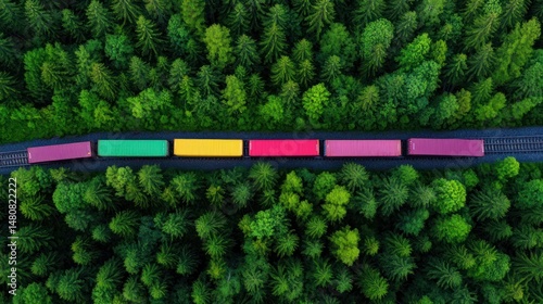 Colorful cargo train traverses dark tracks through a dense forest photo