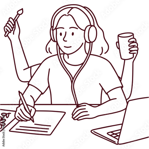 Young woman wearing headphones writing at desk while holding coffee cup symbolizing multitasking between studying, working, learning, staying focused, managing time and boosting energy in minimalist 