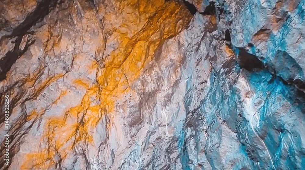Fototapeta premium Textured rock wall abstract stone background cave formation cool and warm tones