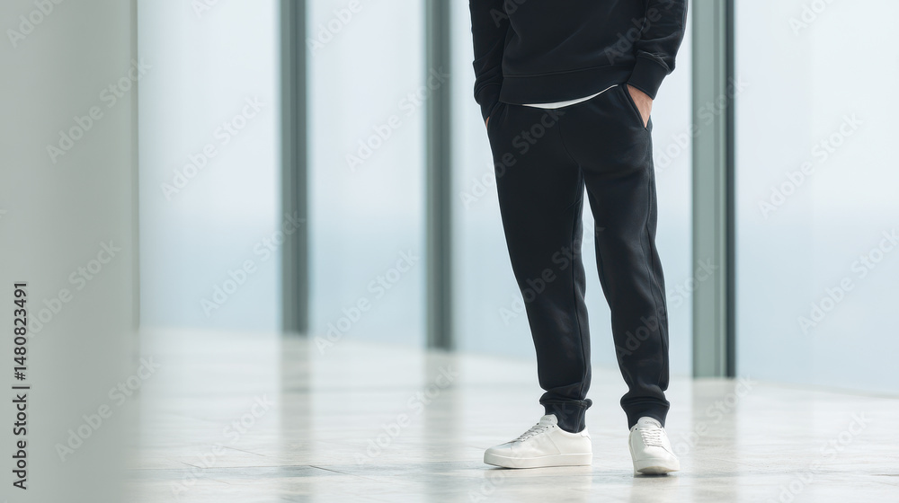 Fototapeta premium person dressed in stylish sportswear stands in bright minimalist room