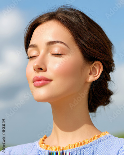 Young woman with eyes closed, enjoying the sun. Soft focus on serene face