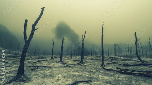 Desolate burned forest landscape with smoke and haze