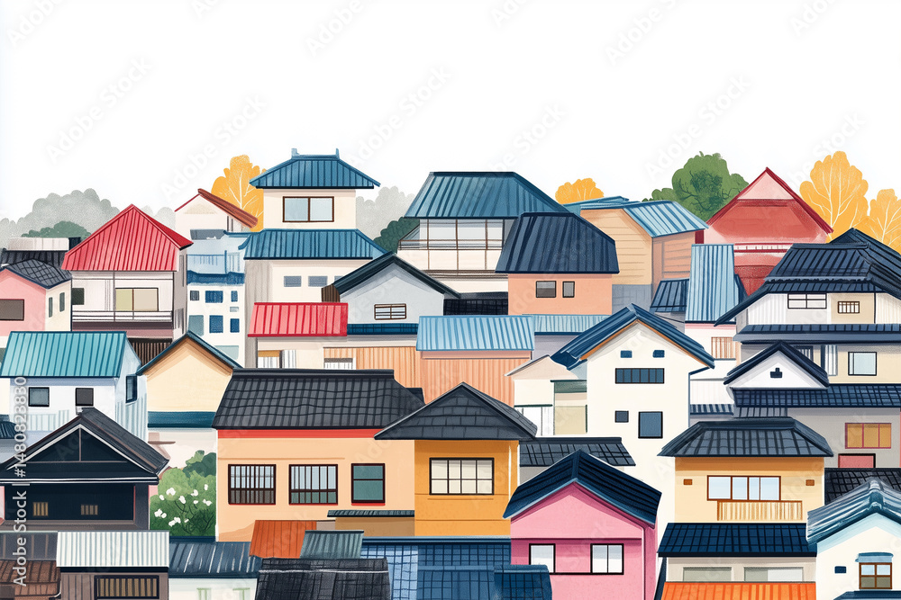 Tokyo city neighborhood minimal graphic art, rooftop view Tokyo city neighborhood minimal graphic art, rooftop view